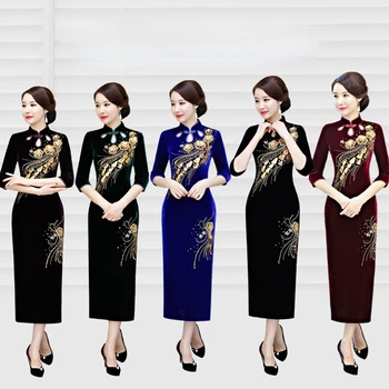 Qipao ChineseTraditional Suknelė Moterims Cheongsam Šiuolaikinės Rankų darbo Zawalcowany Ilgai Retro Cheongsam už Motinos Nuotakos Suknelė