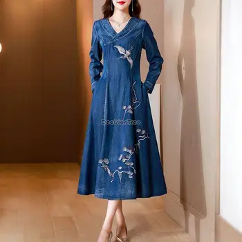 Iki 2023 m. rudenį naujų retro kinijos cheongsam pagerėjo siuvinėjimo džinsinio audinio suknelė moterų ilgomis rankovėmis ilgai mados kasdien suknelė g1006