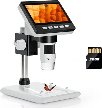 Opqpq 4.3 colių LCD Skaitmeninis Mikroskopas 1000x Monetos Mikroskopas Vaikams, Biologinius su 1800mAh Baterijos, 32GB Lab PC Peržiūrėti