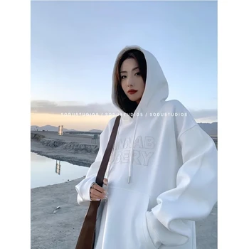 Korėjos moteriški Drabužiai Vintage White Baggy Megztinis Mados Laiškas Spausdinti Palaidinukė Tingus Atsitiktinis Raglan Rankovėmis Hoodie Rudenį