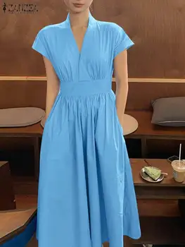 ZANZEA Moterų Summer Maxi Dress 2023 Elegantiškas V-Kaklo Waisted Ilgai Sundress Atsitiktinis vientisos Spalvos Klostuotas Trumpas Rankovės-line Skraiste