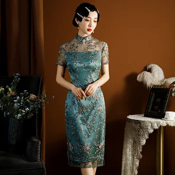 2023 Naujas Tamsiai Žalia Lady Satino Cheongsam Juosmens Tobulinimo Versija Kasdien Podiumo, Foto Ir Banketų Dėvėti Kinijos Nėrinių Suknelė Cheongsam