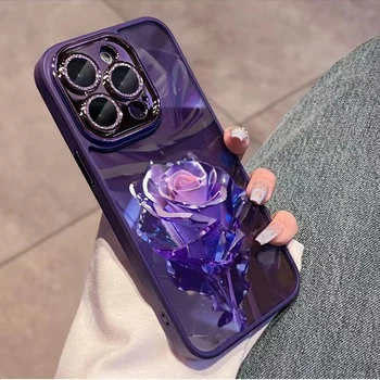 Naujas Crystal Violet Rose Blizgučiai Objektyvas Telefono dėklas Skirtas iPhone 14 13 12 11Promax Stilingas Viskas įskaičiuota Skaidriu Apsauginiu Atveju