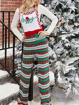 Kalėdų Jumpsuit Moterų Snaigės Spausdinti Pločio Kojų, Megzti Kombinezonai su Antkrūtiniais Megztinis Ilgas Romper Kelnės su Kišenėmis