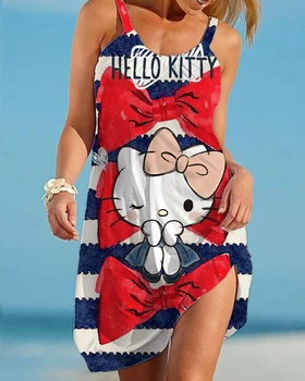 Hello Kitty 2023 Kelio Ilgio Suknelė Mados Animacinių filmų 3D Spausdinimo O-Kaklo Megztinis Moterų Berankovis Mini Suknelė Y2K