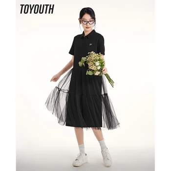 Toyouth Moterų Suknelė 2023 Vasaros Trumpomis Rankovėmis Polo Kaklo Prarasti Plisuotos Akių Susiuvimo Atsitiktinis Elegantiškas Kavos Juodas Sijonas