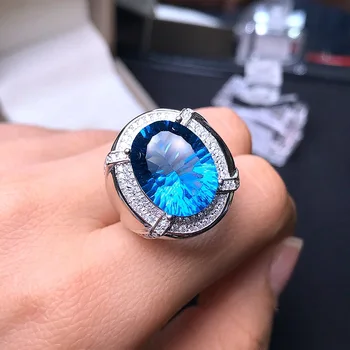925 Sterlingas Sidabro Gamtos Topazas Žiedas London Blue Topazas 12x16mm Elegantiška Karalienės Žiedą, Vyrams Šalių Dalyvavimas