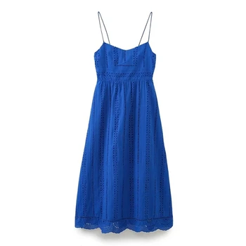 Maxdutti Išsiuvinėti Tuščiaviduriai Royal Blue Prancūzijos Šalies Midi Stiliaus Suknelė Moterų Šventė Atsitiktinis Medvilnės Suspender Suknelė