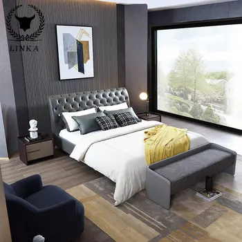 Italų stiliaus šviesos prabanga modernus odinis dvigulė lova minimalistinio stiliaus miegamojo aukštos klasės medžio masyvo lova, dizaineris baldai