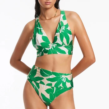 Žalioji Visą Spausdinti Karšto Seksualus Bikini Nustatyti giliai-V Apynasrio Kaklo Moterų maudymosi kostiumėlį Aukšto Juosmens Paplūdimio Thong Monokini Maudymosi Kostiumai