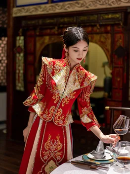 Kinų Stiliaus Nuotaka Kostiumas Rytų Marrige Nustatyti Moterų Cheongsam Kutai Qipao Išskirtinį Siuvinėjimo Vestuvinė Suknelė