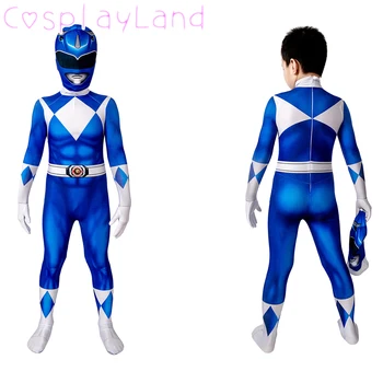 Vaikai Blue Ranger 3D Atspausdintas Jumpsuit Šalmas Vaikams Halloween Carnival Superhero Billy Cosplay Kostiumų Berniukams, Zentai Bodysuit
