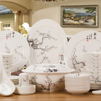 Jingdezhen Keramikos stalo rinkinys Kinų stiliaus kaulų kinija dubuo, plokštės, Šaukštas Nustatyti 56 rašalo ir Kinų stiliaus stalo