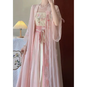 2023 Vasaros Sweet Pink Hanfu Suknelė 3pcs Pusė Rankovėmis Chalatas, Smėlio spalvos Diržas Hanfu Sijonas Karnavalas Princesė Suknelės Kinijos Hanfu Moterims