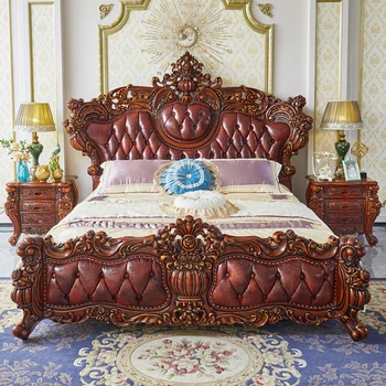 Europos stiliaus medžio masyvo natūralios odos lova villa miegamojo vestuvių lova, prabangus, viršutinis sluoksnis karvės odos